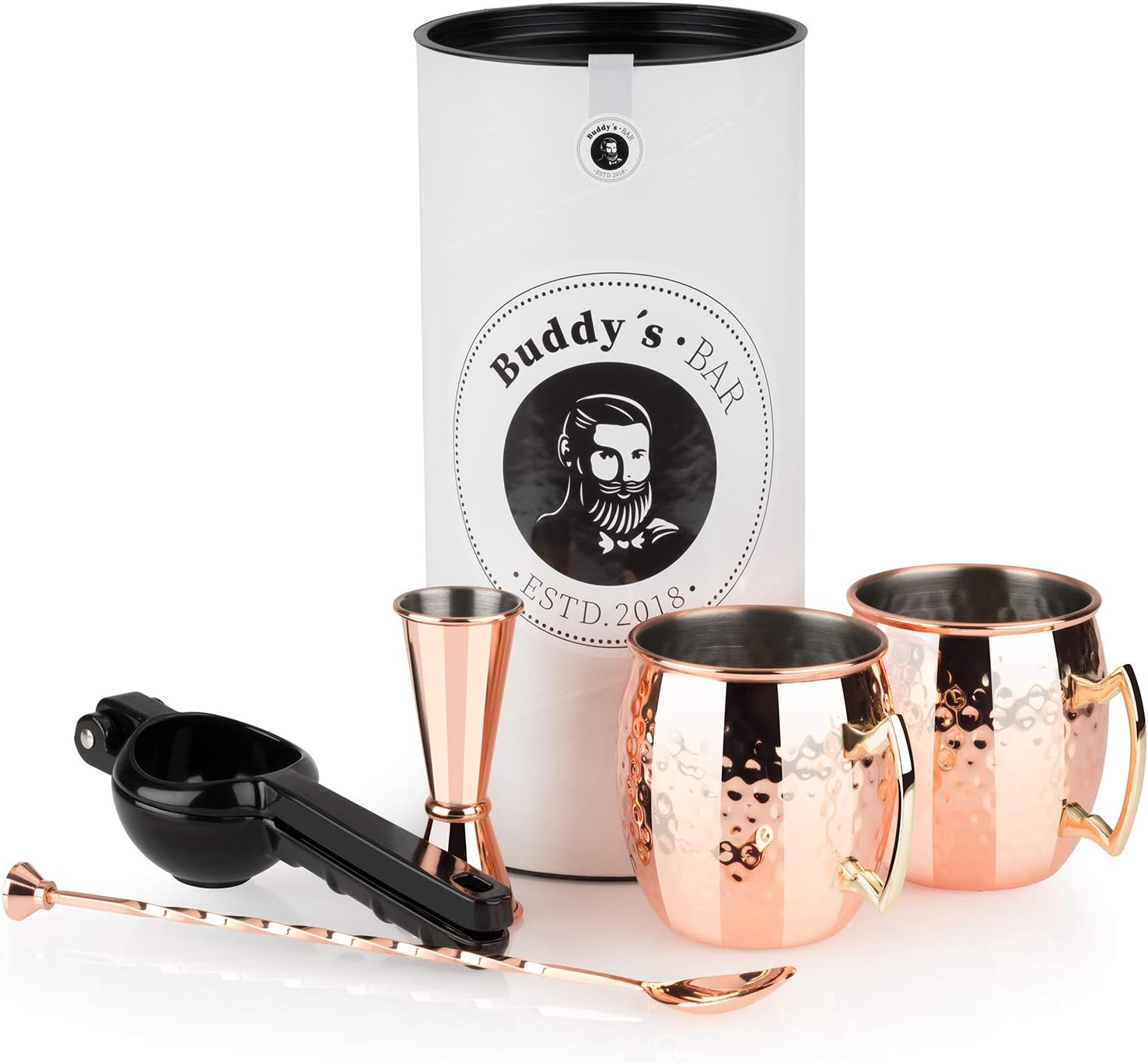 Buddy's Bar - Moscow Mule Complete Set, 500 ml Cocktail Cup in Glossy Hammered Copper Look, 27 cm bar Spoon, 2 cl / 5 cl Jigger and Black Lime Press, Food Safe, Polished Cups Set Including Gift Box