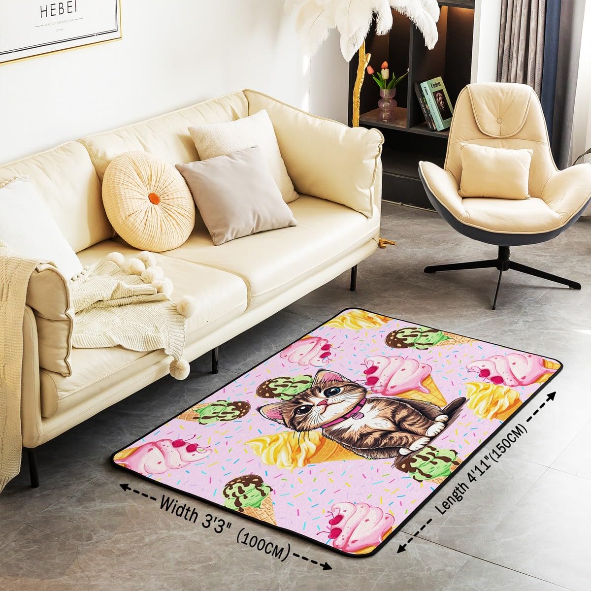 Homewish akwarela pączki dywaniki 150 x 200 cm - graffiti kreskówka kot salon dywan kremowy ciasto dekoracja nie gubi włosia dywan pączek i lody drukowane duże dywany