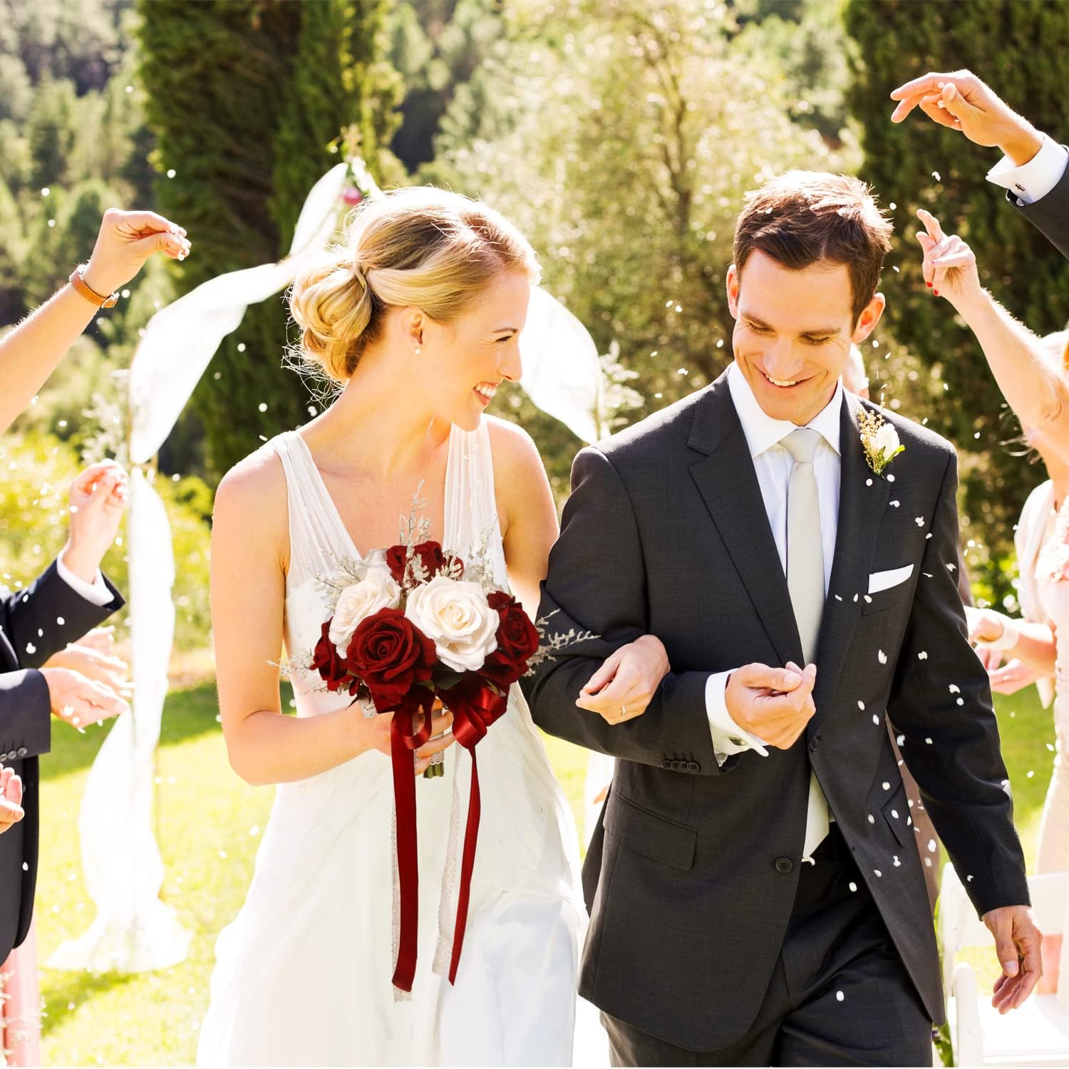 Wedding Bouquets for Bride, Champagne White & Burgundy Bridal Bridesmaid Wedding Flowers, Artificial Toss Rose for Civil Ceremony (Hollow Lace Ribbon Handle) - Image 5