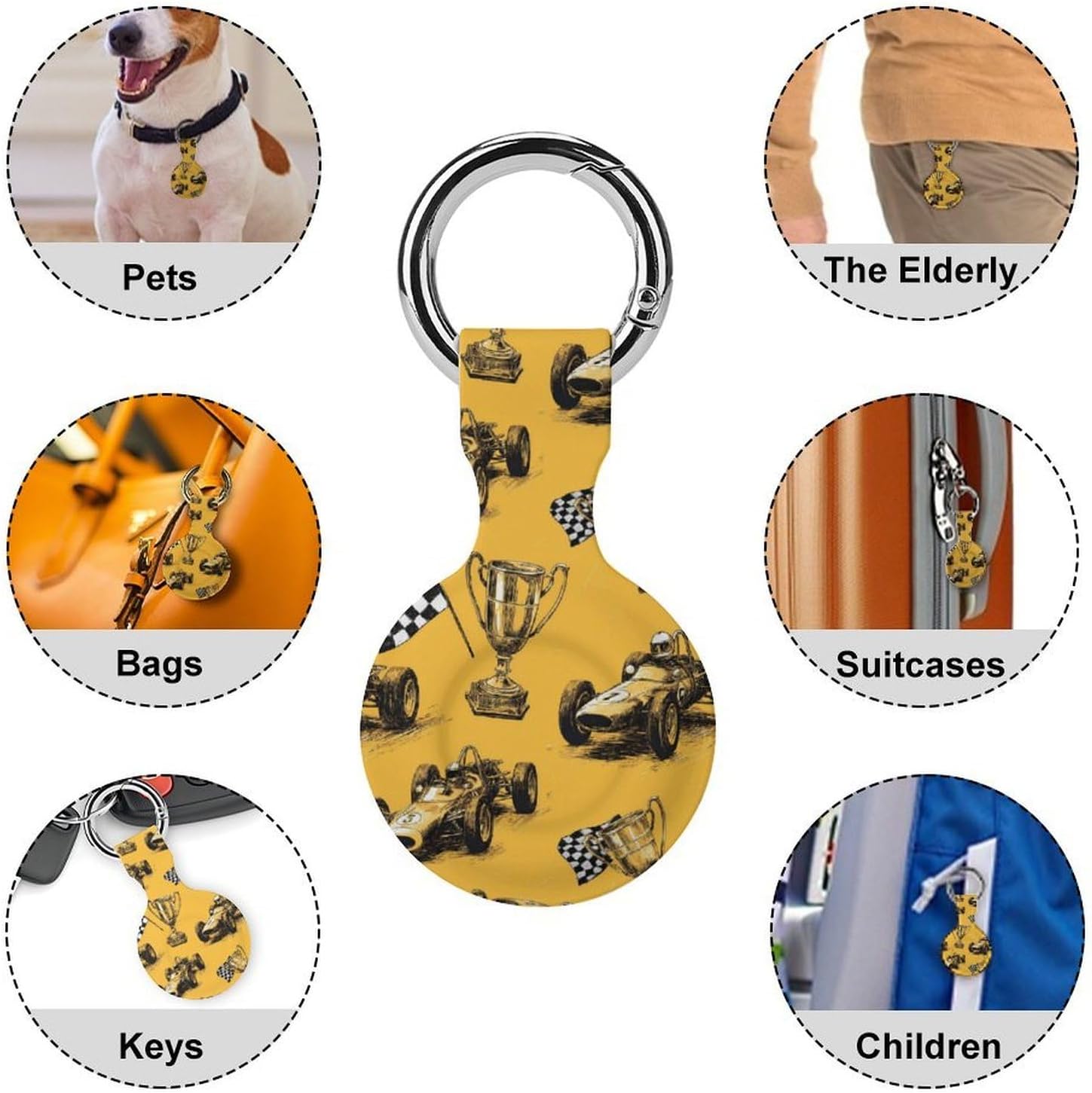 Race Car Pattern Funny Cover Compatible with AirTag | Protective Case GPS Tracker Holder for Wallet Luggage Pets