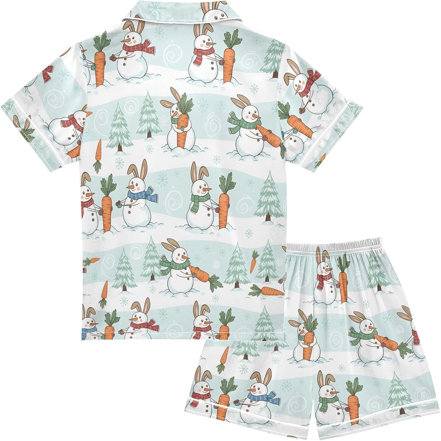 Kids Satin Wear Set Carrot Rabbit Snowman Pattern Relaxed Fit Clothing Short Sleeve and Shorts