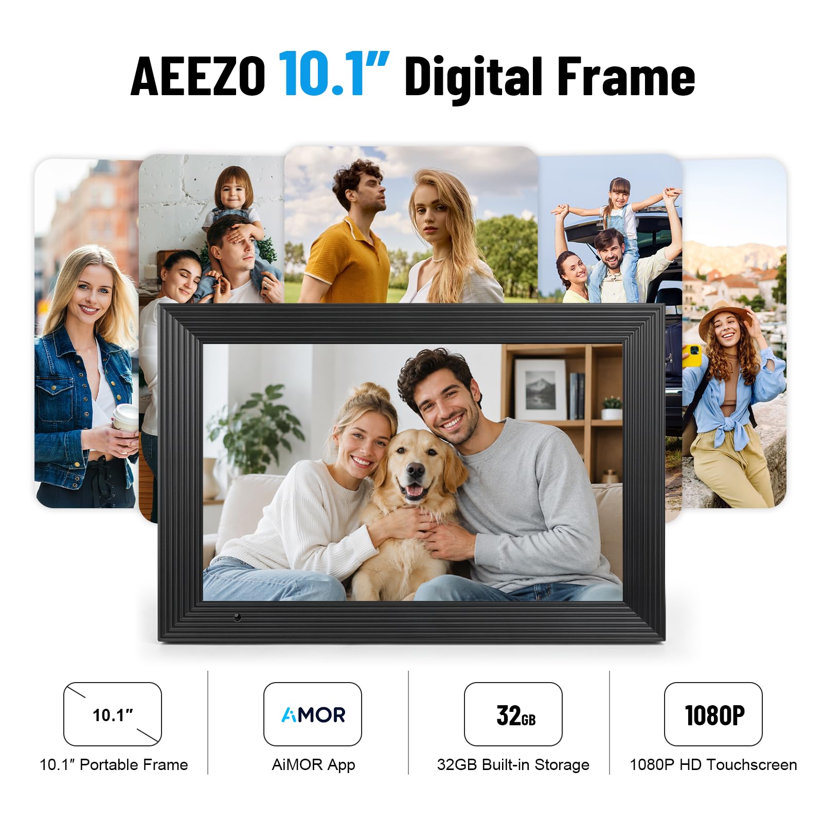 AEEZO Cadre Photo Numérique WiFi 10,1 Pouces, 32GB, Cadre Photo Numérique à Rotation Automatique, Partage Instantané et Facile de Photos et de Vidéos à Distance Via AiMOR (Noir)