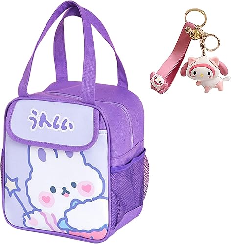Miniatura 8 de Bolsa de almuerzo para niñas, lonchera de dibujos animados para mujeres con llavero de triple aislamiento, bolsa de picnic portátil de anime, bolsas