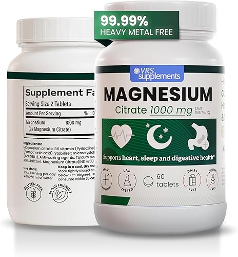 Tabletas de citrato de magnesio de 1000 mg, suplemento de alta absorción para la función muscular, fuerza ósea, salud nerviosa y relajación, sin
