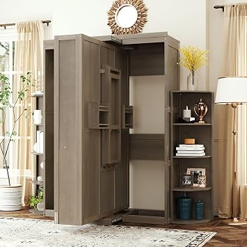 Queen Size Horizontal Murphy Wall Bed with Foldable Desk and Racks, Rotating Design Murphy Chest Hidden Bed with Side Storage Bookcase, Space Saving for Home Office, Gray