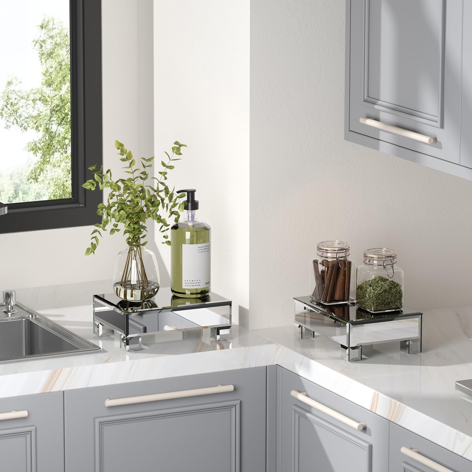 Uniglam Set of 2 Mirrored Risers for Display, Mirrored Display Stand, Glass Perfume Tray for Vanity, Bathroom Counter Decor Organizer, Footed Tray,