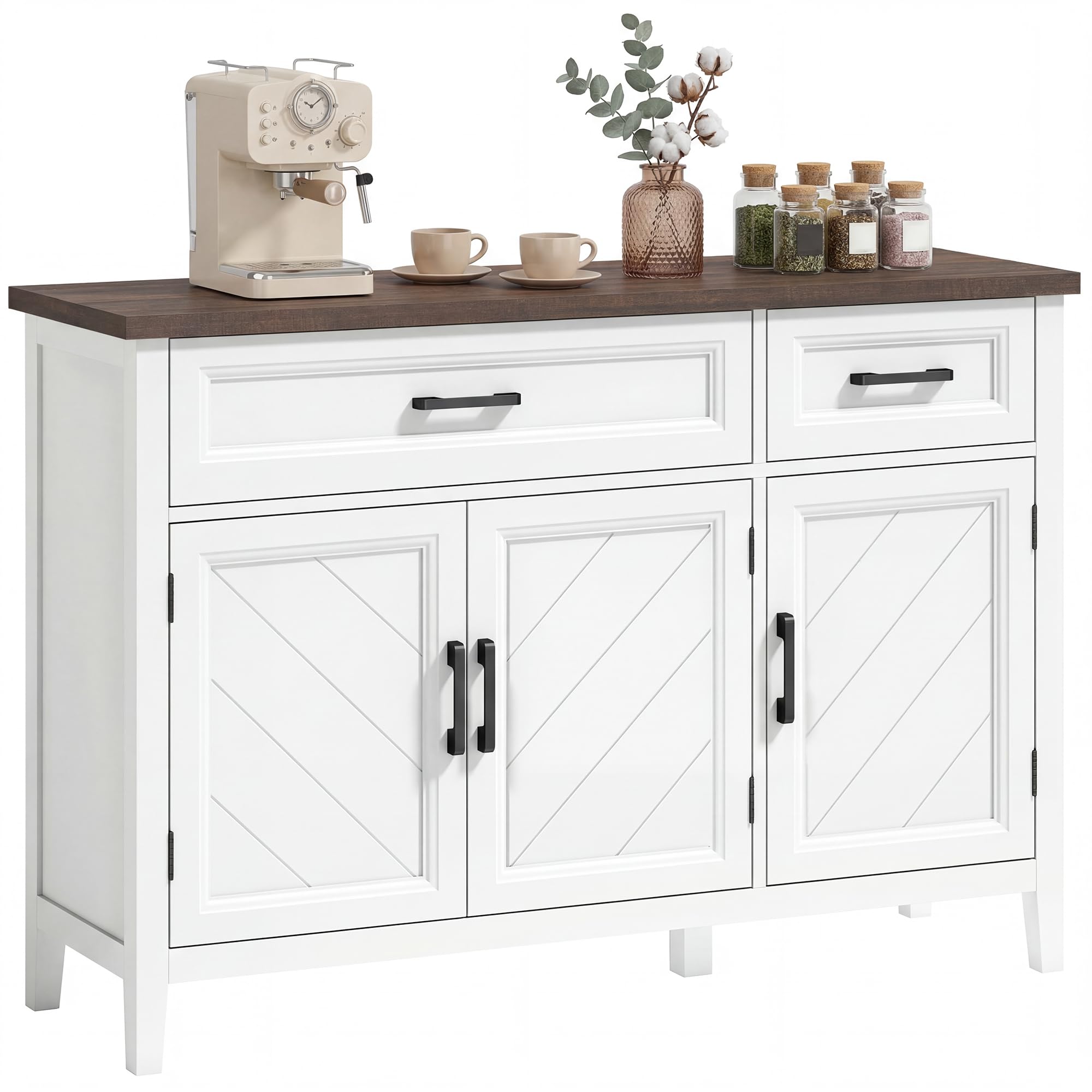 HOMCOM Credenza Cucina, Mobile Cucina con 3 Ante a Fienili, Ripiani Regolabili e 2 Cassetti, Piano Effetto Legno, Stile Rustico, Mobile Buffet per Soggiorno, Sala da Pranzo, 110x35x80.5 cm, Bianco