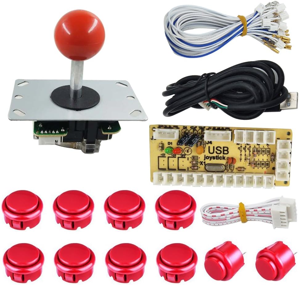 Tongmisi Zero Delay DIY Arcade Joystick Controller and Button Kit for PC / Arcade Game Machine ,USB Encoder,5 Pin Joystick and 10 Push Buttons (Red)