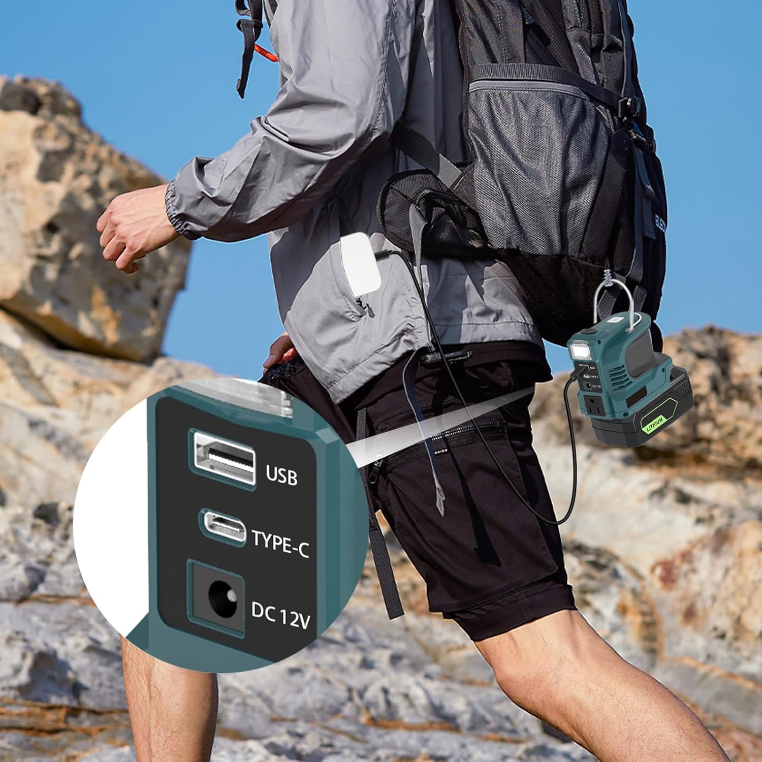 for Greenworks 24V Battery 220W Power Inverter,DC 20V to AC 110-120V Battery Inverter,Power Station Generator,Charger Adapter with 1 USB Port & 1 Type-C & 1 AC Outlet &1 DC Output 12V/5A,LED Light