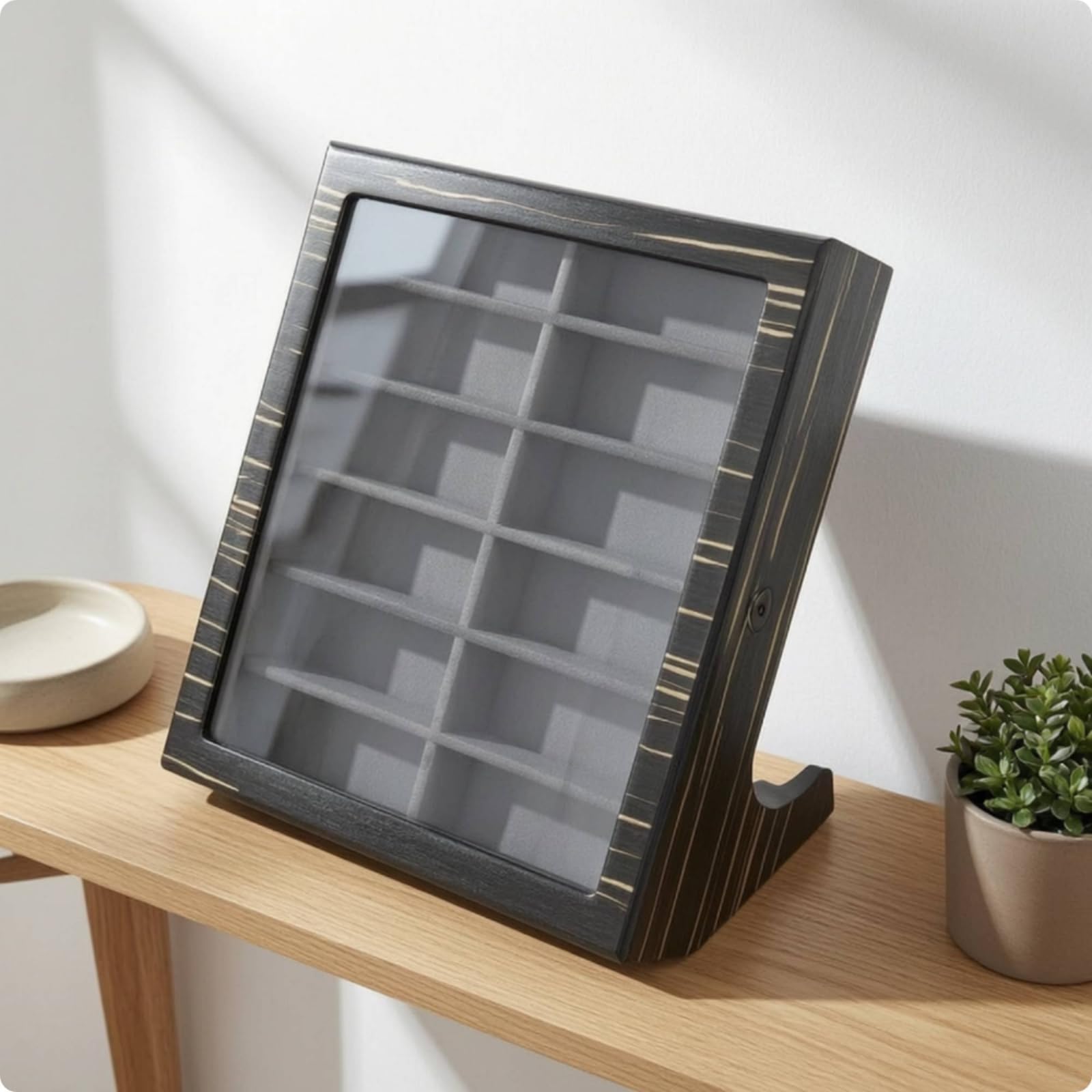 Brillendisplay aus 12 Fächer Brillenaufbewahrungsbox abschließbar Brillen-Organizer für Brillenträger, Sammler, Kommode, Array, Grün Lackiert, Dunkler Samt, Klappdeckel