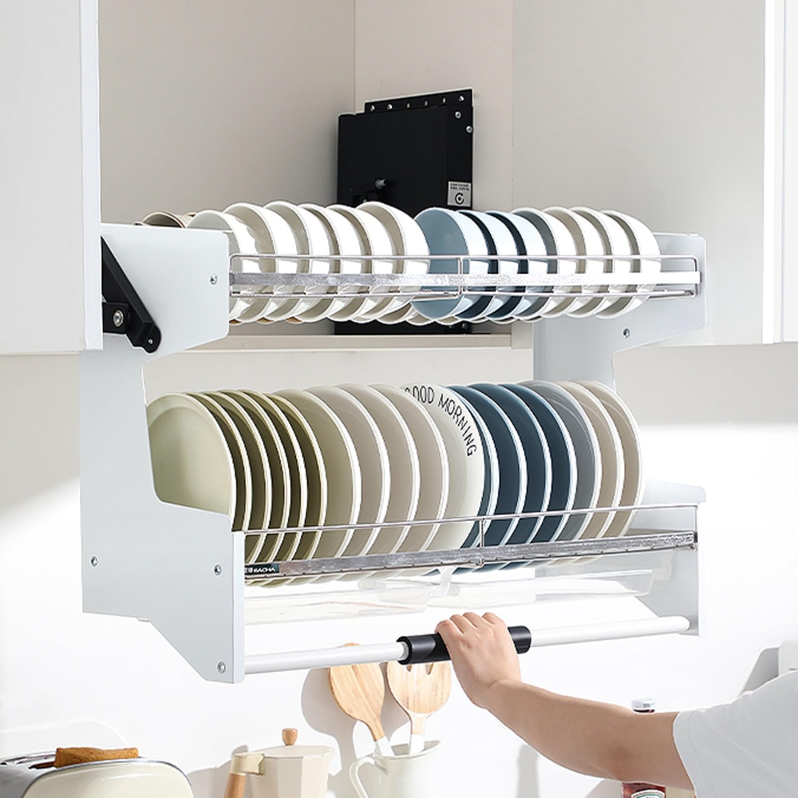 2 Tier Pull-Out Cabinet Organizer Drop Down Shelf Blind Pull-Down Dish And Spice Rack System Inner Space Saving Plate For Kitchen Appliance Lift Upper Cabinet,White 522 *,White-522*250*452mm
