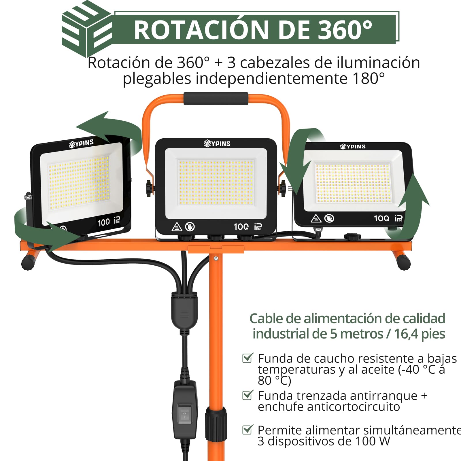 EYPINS 3×100W Foco LED de Trabajo con Trípode Telescópico 1.65m 28500LM | IP66 Impermeable, 3 Temperaturas de Color(3000K/5000K/6500K),5m Cable,Rotación 360°, Construcción Taller Reparaciones Jardin
