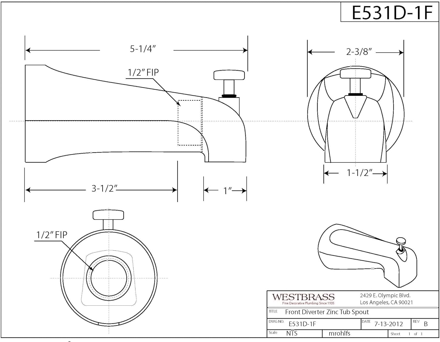 Westbrass E531D-1F-12 5-1/4" Reach Wall Mount Tub Spout with Front Diverter, Oil Rubbed Bronze