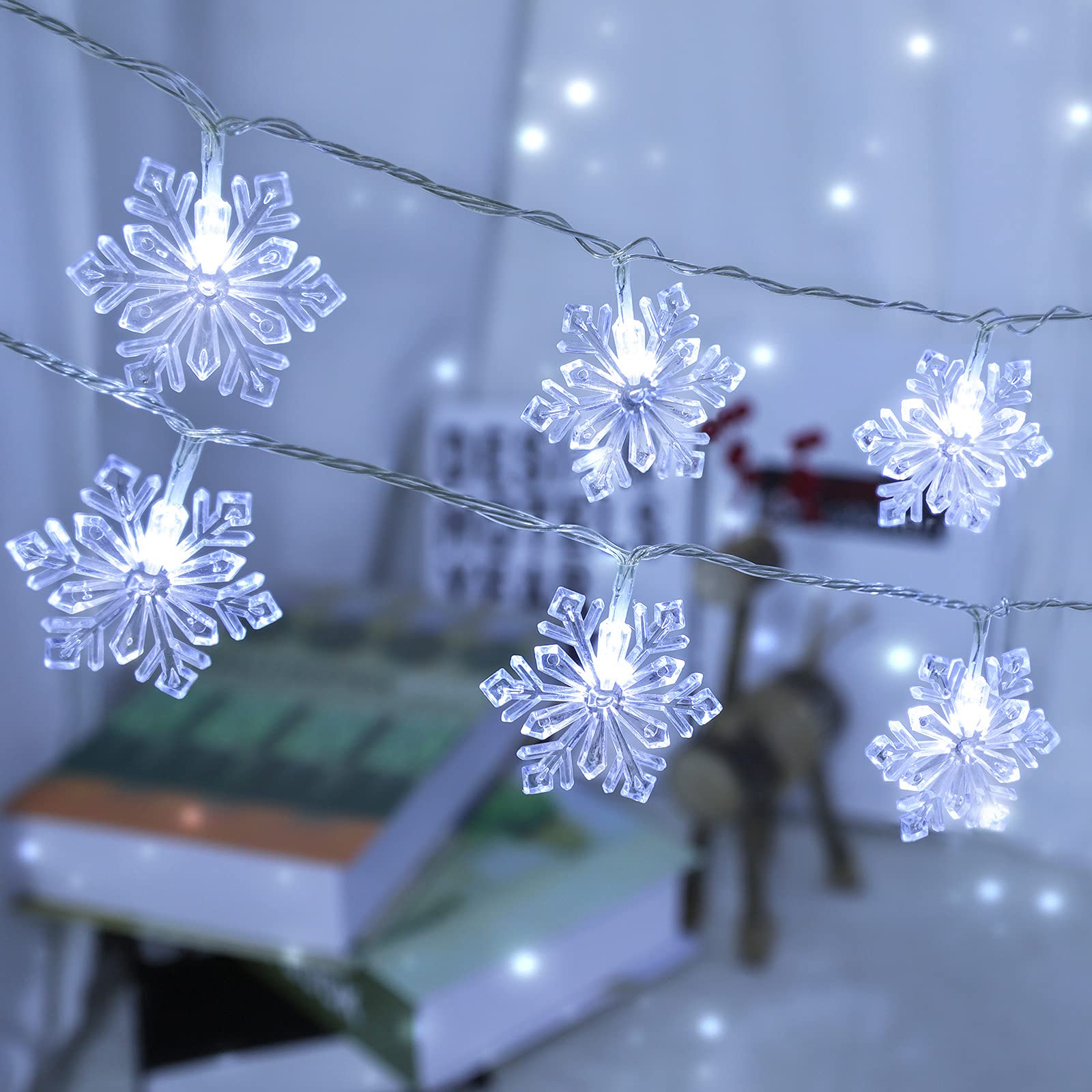 Catena luminosa a LED con fiocco di neve, 6 m, 40 LED, alimentata a batteria, con fiocco di neve, per esterni, per giardino, campeggio, Natale