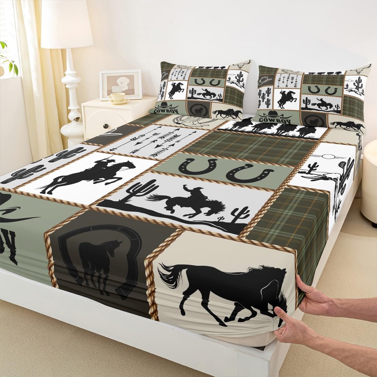 Drap-housse western motif flèche géométrique et fer à cheval rustique
