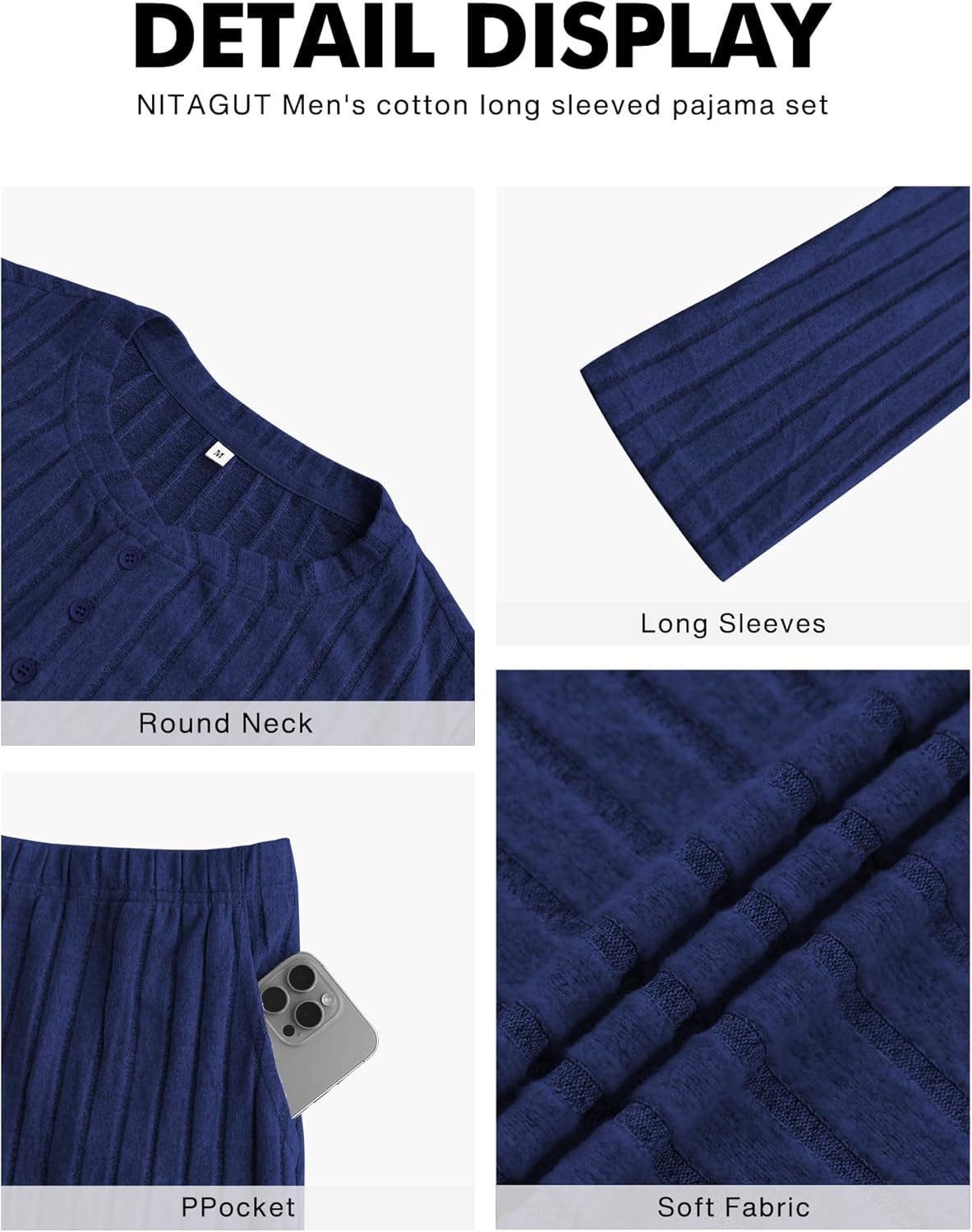 NITAGUT Men's Pajama Set Henley Collar Loungewear Long Sleeved Buttoned Sleepwear 2 Piece Pjs with Pockets - Image 5
