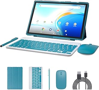 NOVOJOY 2 in 1 Tablet 10 Inch Android 14 OS Tableta, Tablets with Keyboard, Mouse, Case, Stylus, 64GB ROM+8GB RAM, 2MP+8MP Dual Camera, Quad Core Processor, 6000mAh Battery, 10.1 in FHD Tab Navy.