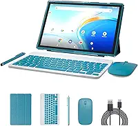 Tablet 2 em 1 com sistema operacional Android 14 de 10 polegadas, tablets com teclado, mouse, capa, caneta, 64 GB de ROM + 8 GB de RAM, câmera dupla de 2 MP + 8 MP, processador Quad Core, bateria de