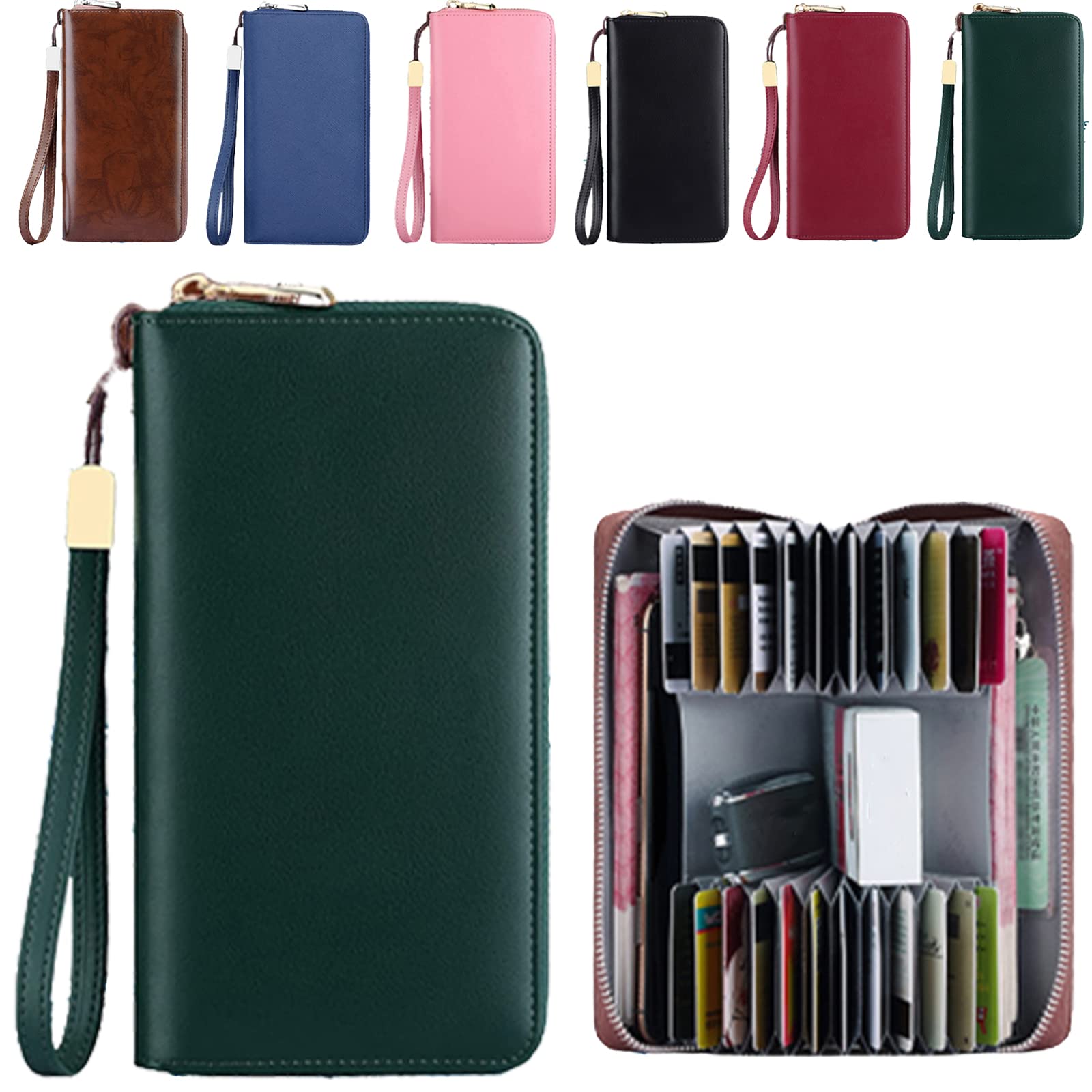 DKKDUnisex Anti-credit Card Fraud Multi-compartment Wallet, 24 Slots RFID Blocking Card Holder Large Long Leather Zipper Organizer Accordion Wallet, Huge Storage Capacity, Green, Casual