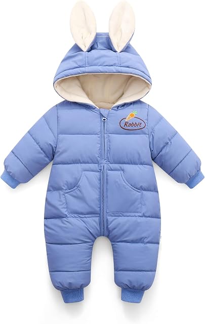 Minizone Baby Snowsuit Winter Romper Girls Boys Cotton Hooded Jumpsuit Warm Long Sleeve Outfits Cartoon Rabbit 6-12 Months Blue