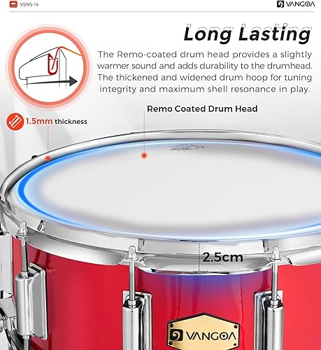 Miniatura 2 de Vangoa Kit de batería con cabeza Remo de 14 x 5.5 pulgadas, banda escolar de marcha para estudiantes, tambor de práctica para principiantes con Negro