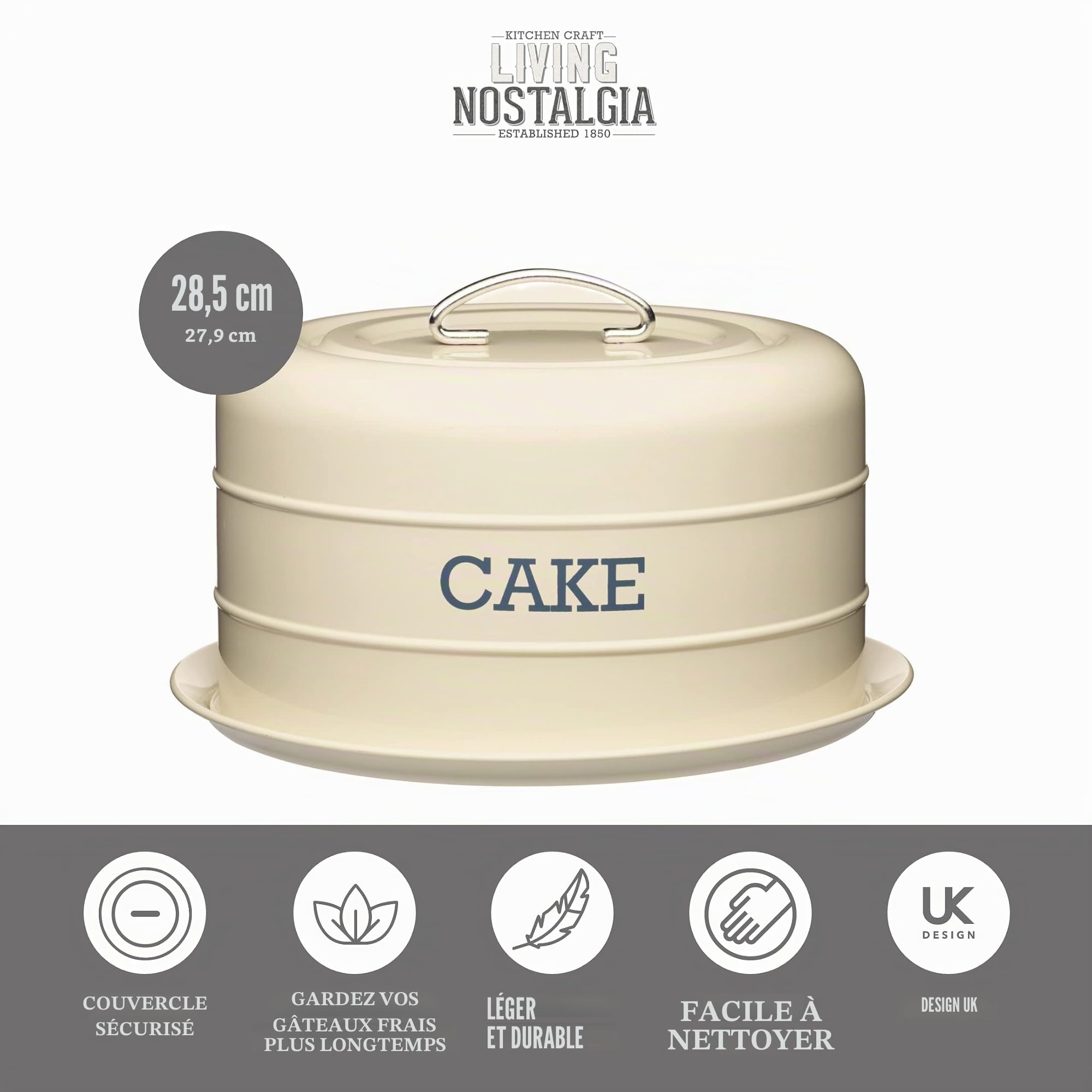 KitchenCraft Living Nostalgia Cake Tin Storage, Boîte De Conservation Hermétique Pour Gâteaux / Dôme À Gâteaux, 28,5 X 18 cm, Antique Cream