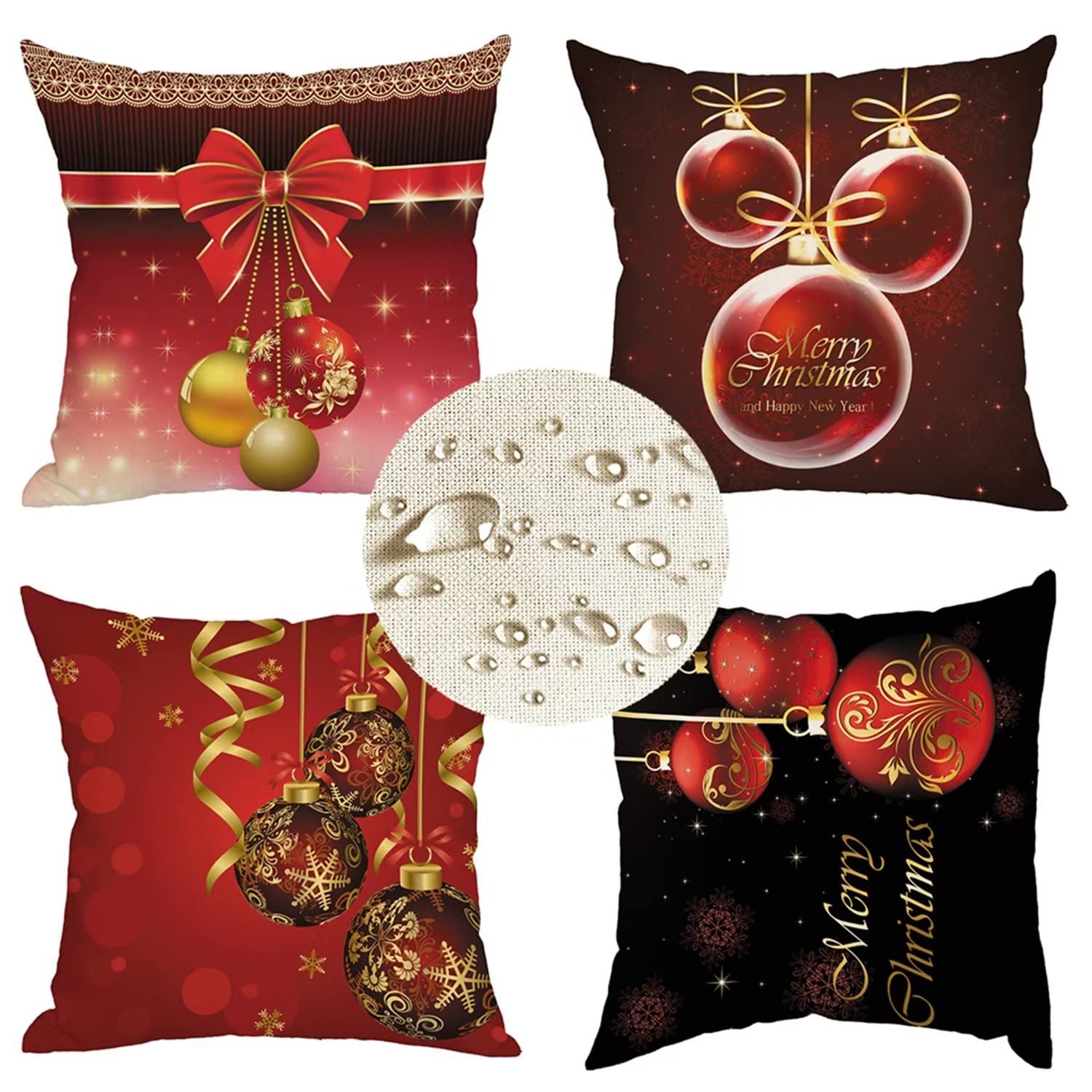 Kissenbezug 60x60cm 4er Set Rote Weihnachten Deko Kissen Kissenhülle, Beidseitiger Druck Leinen Dekokissen, Outdoor wasserdichte Kissenbezüge groß Sofakissen, deko Schlafzimmer wohnzimmer Gifts J33