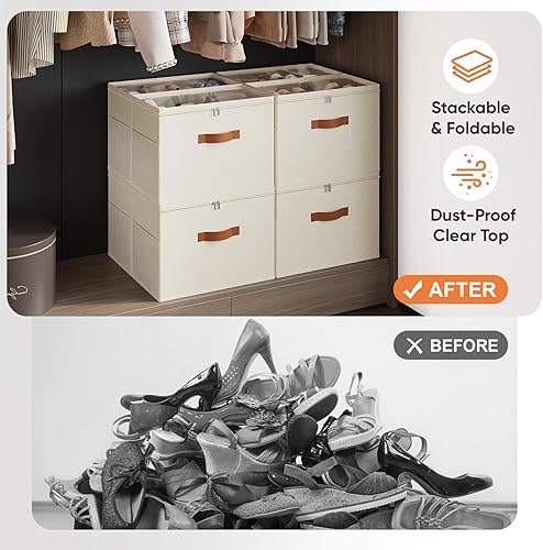 Miniatura 4 de Paquete de 2 organizadores de zapatos para armario, contenedores plegables transparentes para almacenamiento de zapatos, divisores ajustables para