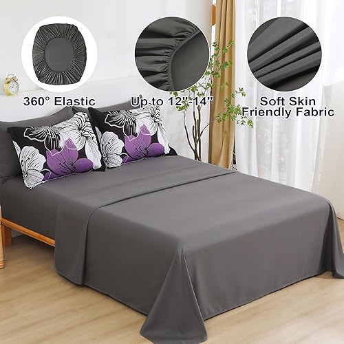 Miniatura 6 de Luxudecor Juego de edredón floral tamaño Queen, 7 piezas de cama en una bolsa, juego de edredón floral morado y sábanas, juegos de cama completos de