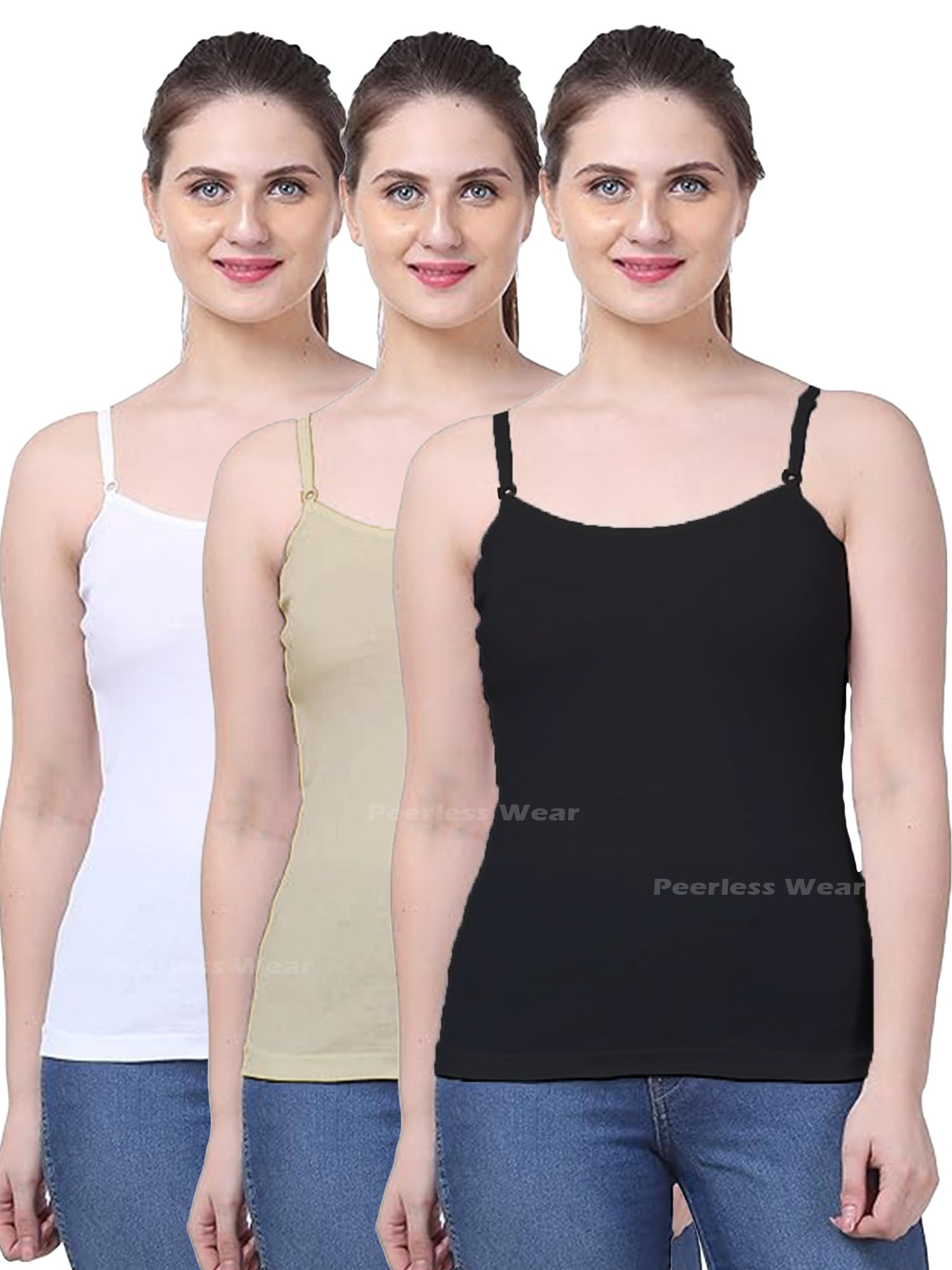 peerless wear Camisole Slip Set of 3, Soft Cotton, Adjustable Straps, Black Skin White-picture-15