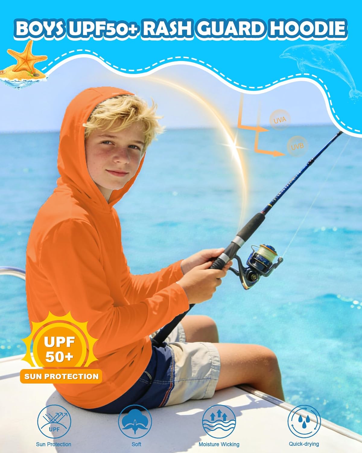 Runhit Boys & Toddler UPF 50+ Rash Guard Hoodie Kids UV Sun Protection Long Sleeve Shirt for Fishing Outdoor Beach Camping - Image 3