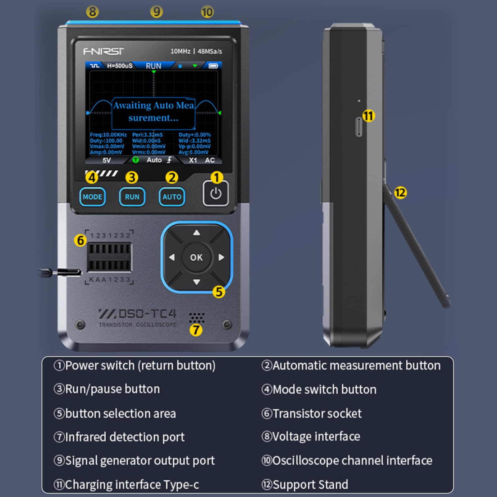 Osciloscopio DSO-TC4, Osciloscopio portátil 3 en 1, Probador de transistores, Generador de señales, Ancho de banda de 10 MHz, Frecuencia de muestreo de 48 MSa/s, Multímetro con pantalla TFT de 2,8"
