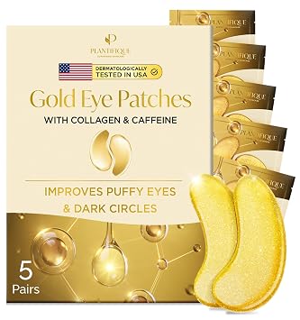 PLANTIFIQUE 24K Gold Under Eye Patches for Puffy Eyes, Dark Circles 5 Pairs