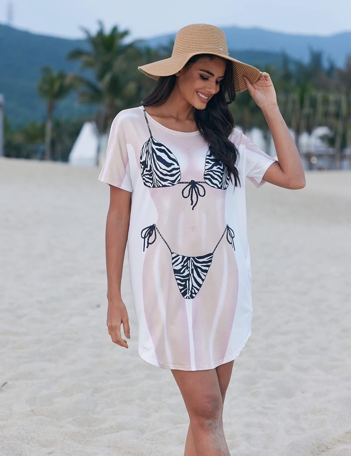 Ekouaer Women's Bikini Shirt Cover Up Short Sleeve Cute Bikini Print Cover-Up Baggy T Shirt Dress Fun Wear - Image 2