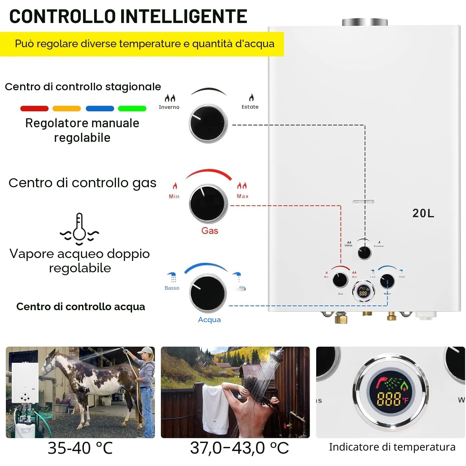 Scaldabagno a Gas 20L, All'aperto Portatile Scaldabagno Istantaneo a Propano Con Display Digitale Multi-Protezione Parete senza Serbatoio Scaldacqua Istantaneo Automatico