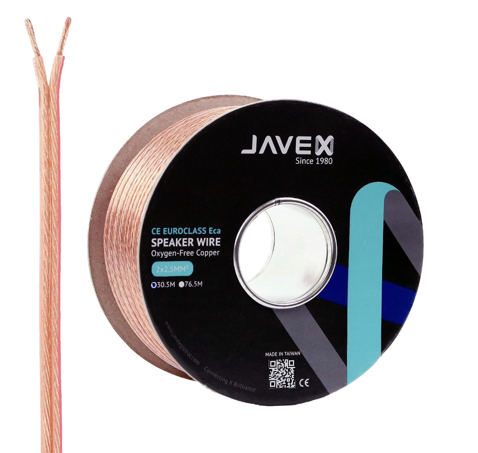 JAVEX CPR, cavo per altoparlanti da parete, 13 AWG, 2 x 2,5 mm2, 315 x 0,10 mm, rame privo di ossigeno al 99,9%, per installazione di sistemi audio e home theater, trasparente, 30,5 m
