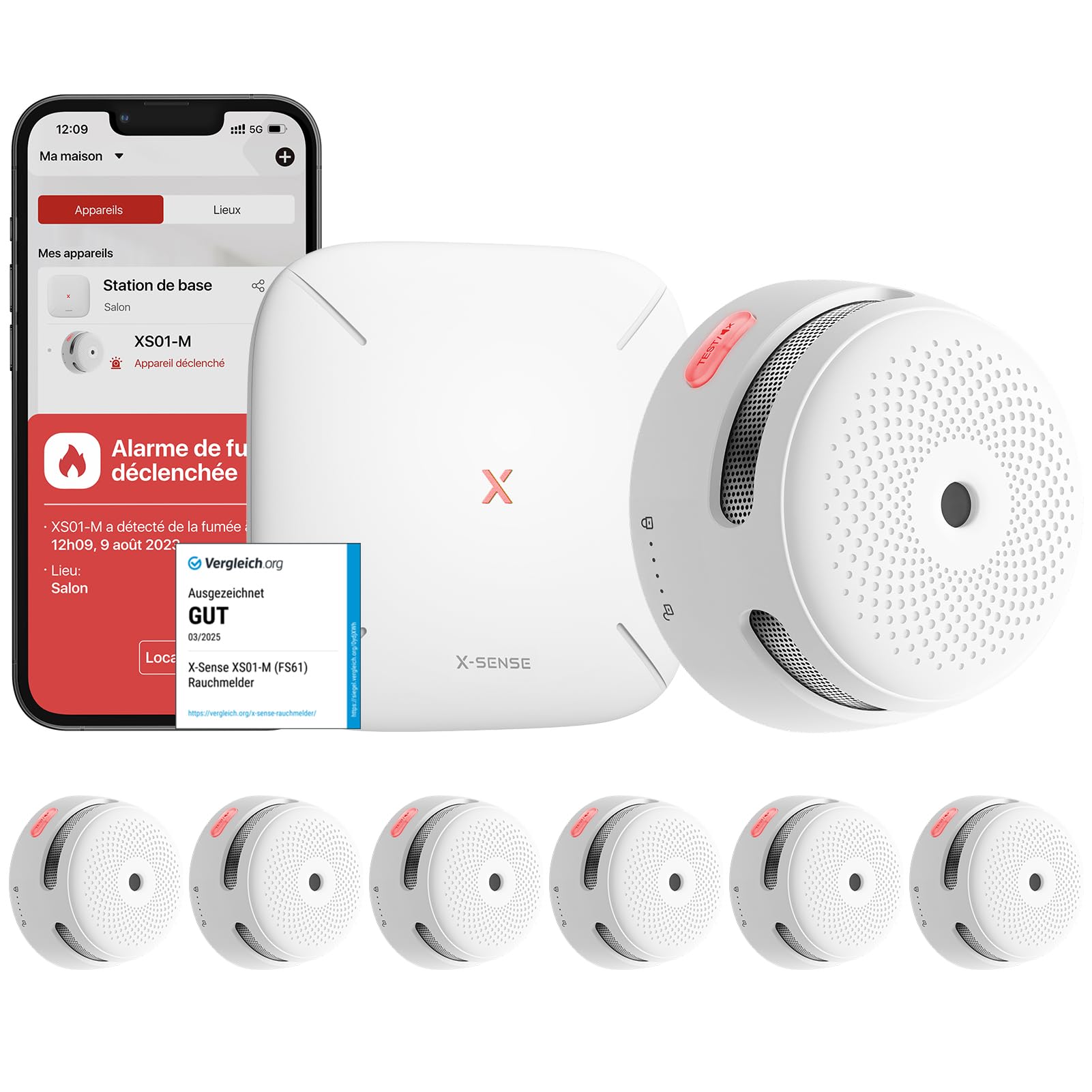 X-​Sense Détecteur de Fumée Connecté, Kit de Sécurité pour la Maison avec SBS50 Station de Base, Conforme à la Norme EN14604, Compatible avec l'Appli X-​Sense Home Security, FS61
