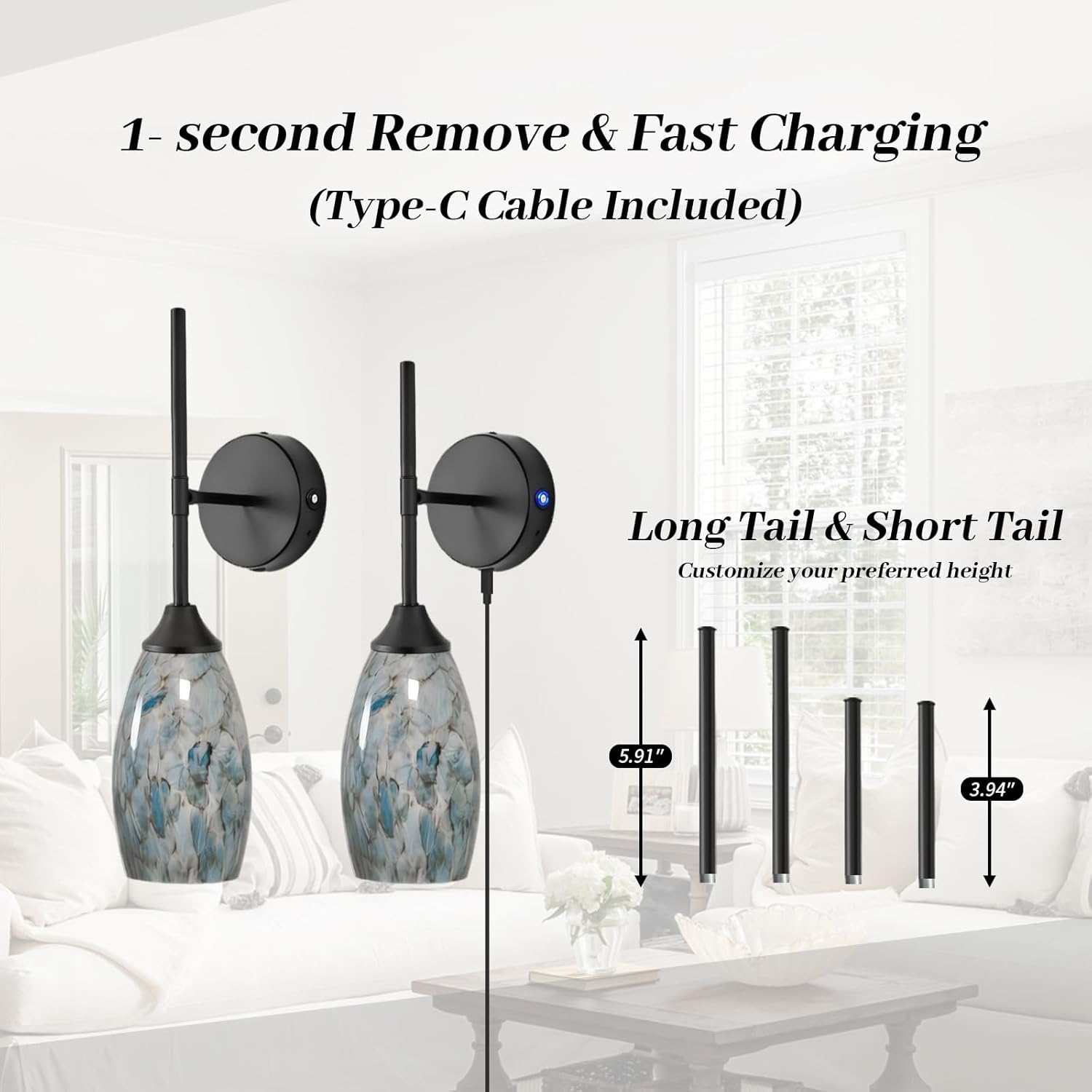 Wireless Battery Operated Wall Sconce Set Of 2，Rechargeable Wall Lights with Remote Control, Dimmable 3000K–6000K, Wireless Wall Sconces With Industrial Hand-Blown Art Glass for Bedroom Living Room