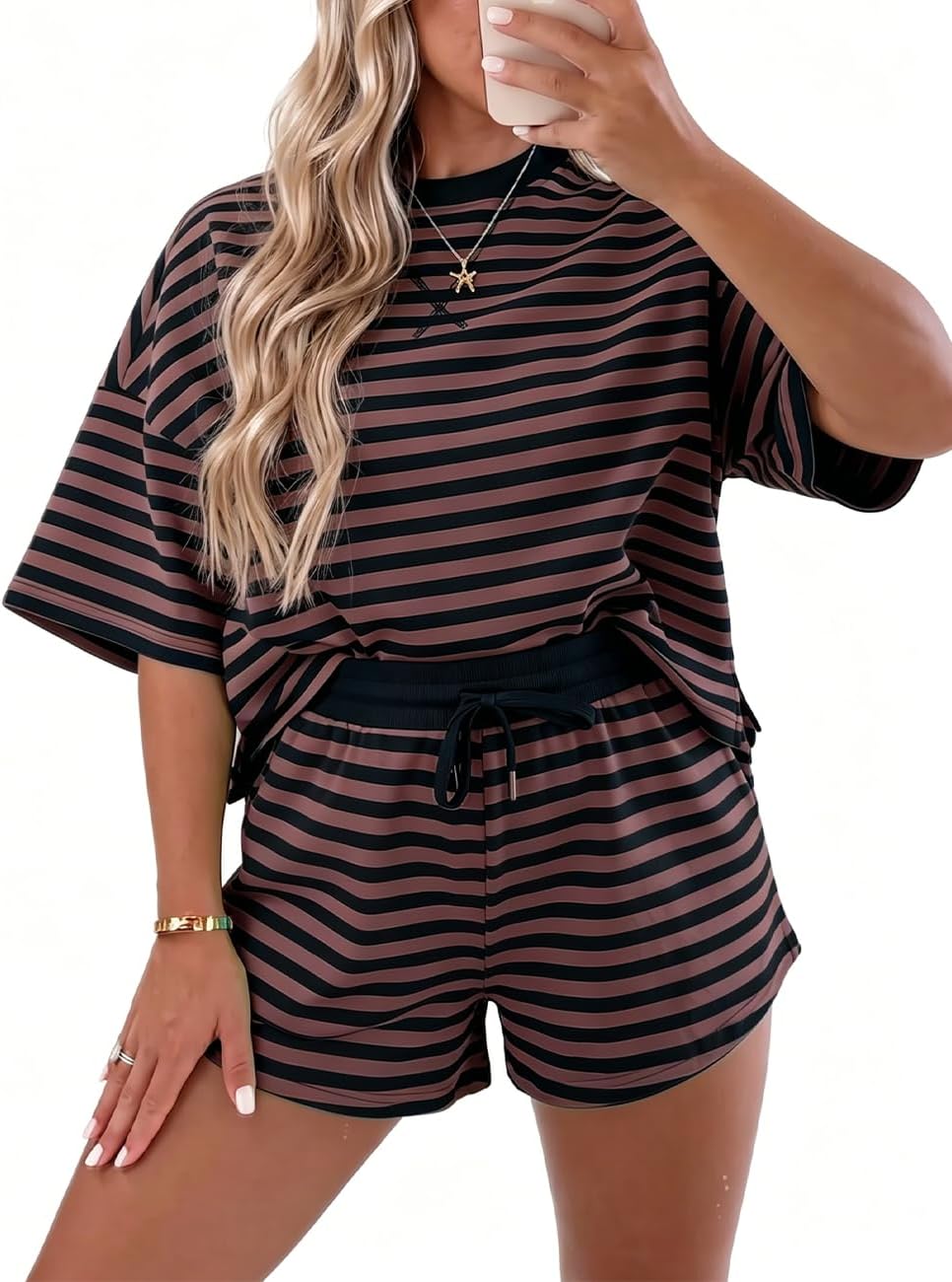 Ecosunny Womens 2 Piece Lounge Sets Matching Sets Stripe Drop Shoulder Boxy Casual Terry Short Set Sweatsuit with Pockets