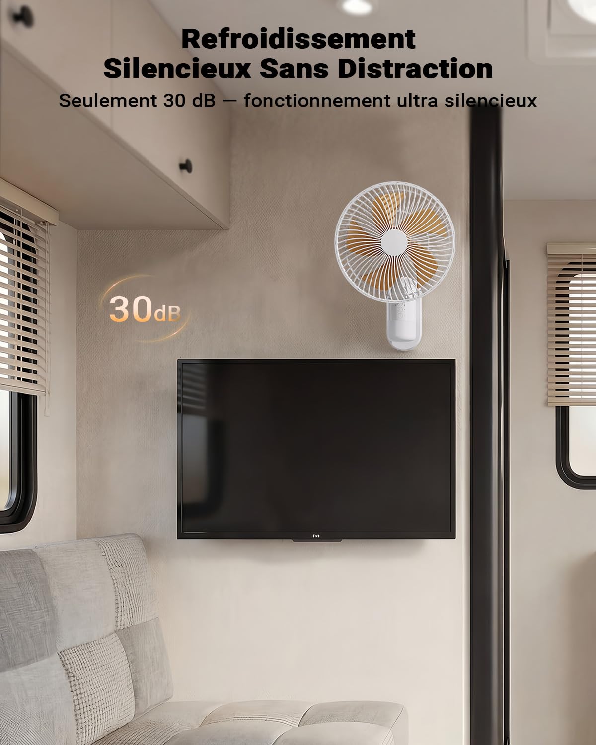 Ventilateur Mural 26 cm avec Éclairage et Télécommande, Silencieux 30 dB, Flux d’Air Puissant 5,2 m/s, Minuterie, Oscillation 90°, 4 Vitesses, Inclinaison 180° pour Chambre, Bureau, Camping-Car