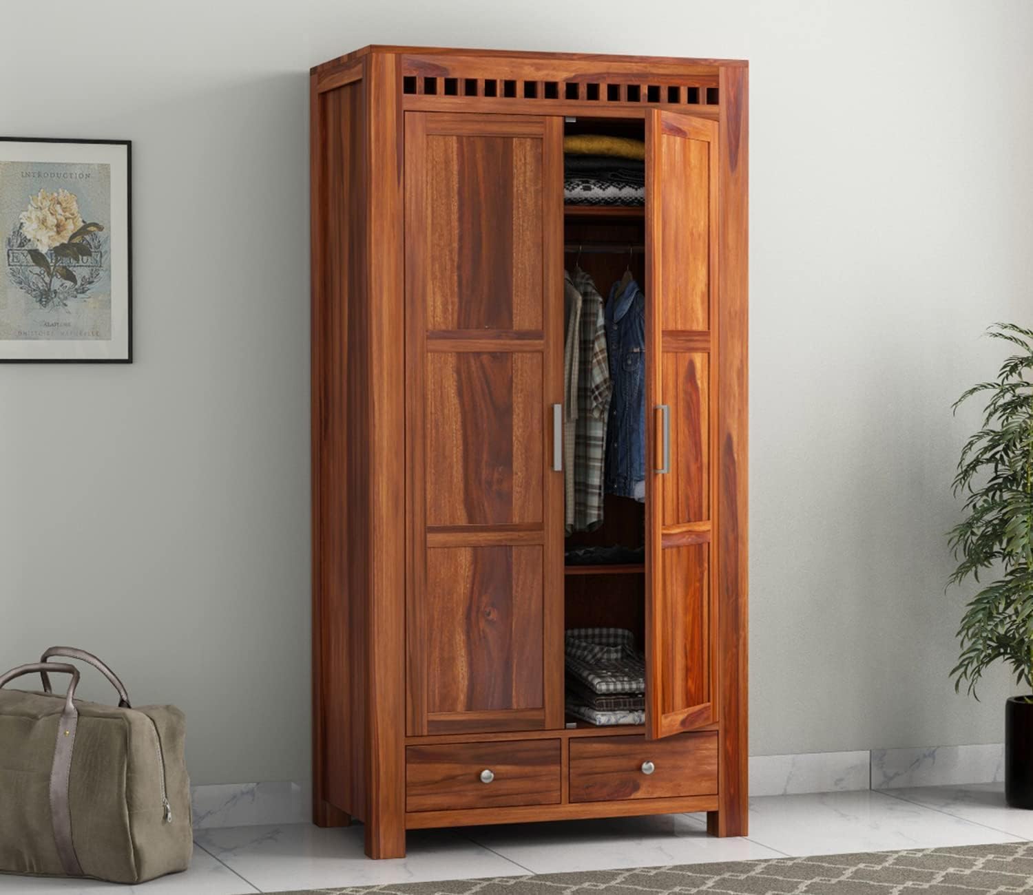 CARVING CUSTOMS Solid Sheesham Wooden 2 Door Wardrobe for Clothes with 2 Drawer 4 Shelf Storage & Hanging Space - Sheesham Wood Almirah for Bedroom - Solid Wood Large Cupboard (Natural Finish)-image-6