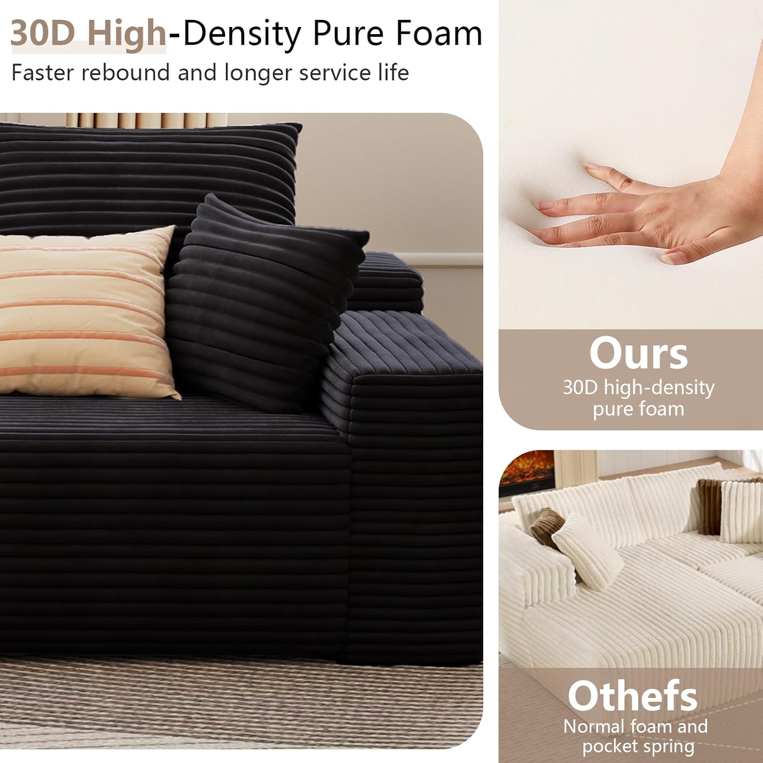 95" Cloud Sectional Couch with L-Shape Chaise, Modern Corduroy Boneless Deep Seat Sofa, 3-Seater Modular Sleeper Couch for Living Room, Bedroom, Apartment, No Assembly (Black, Right-Facing Chaise)