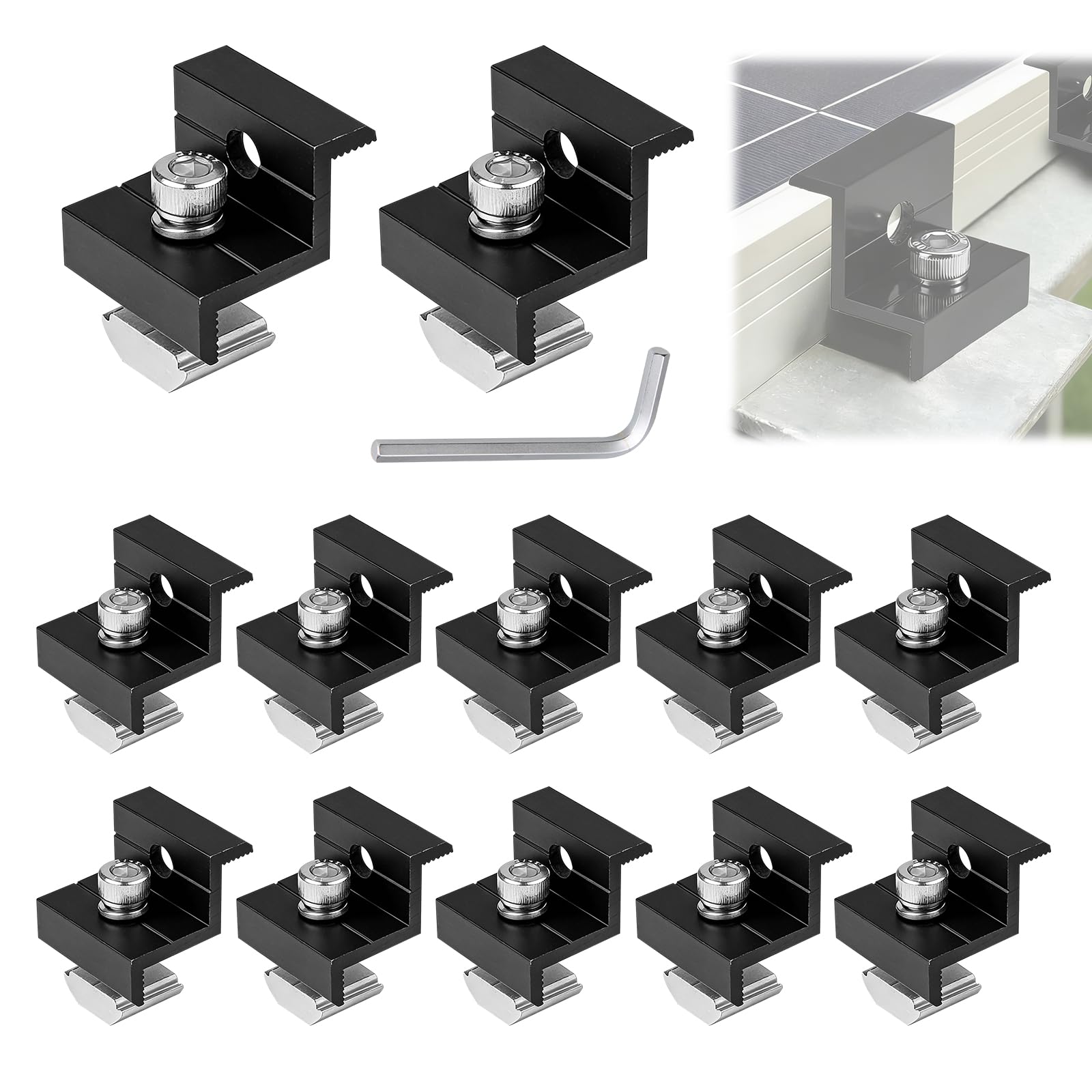 EXLECO Juego de 12 Abrazaderas de Extremo para Placas Solares 30 - 35mm, Soporte Panel Solar, Fijación para Módulos PV, Soporte para Placa Solar de Aluminio en Perfil de Rail Solar, Negras