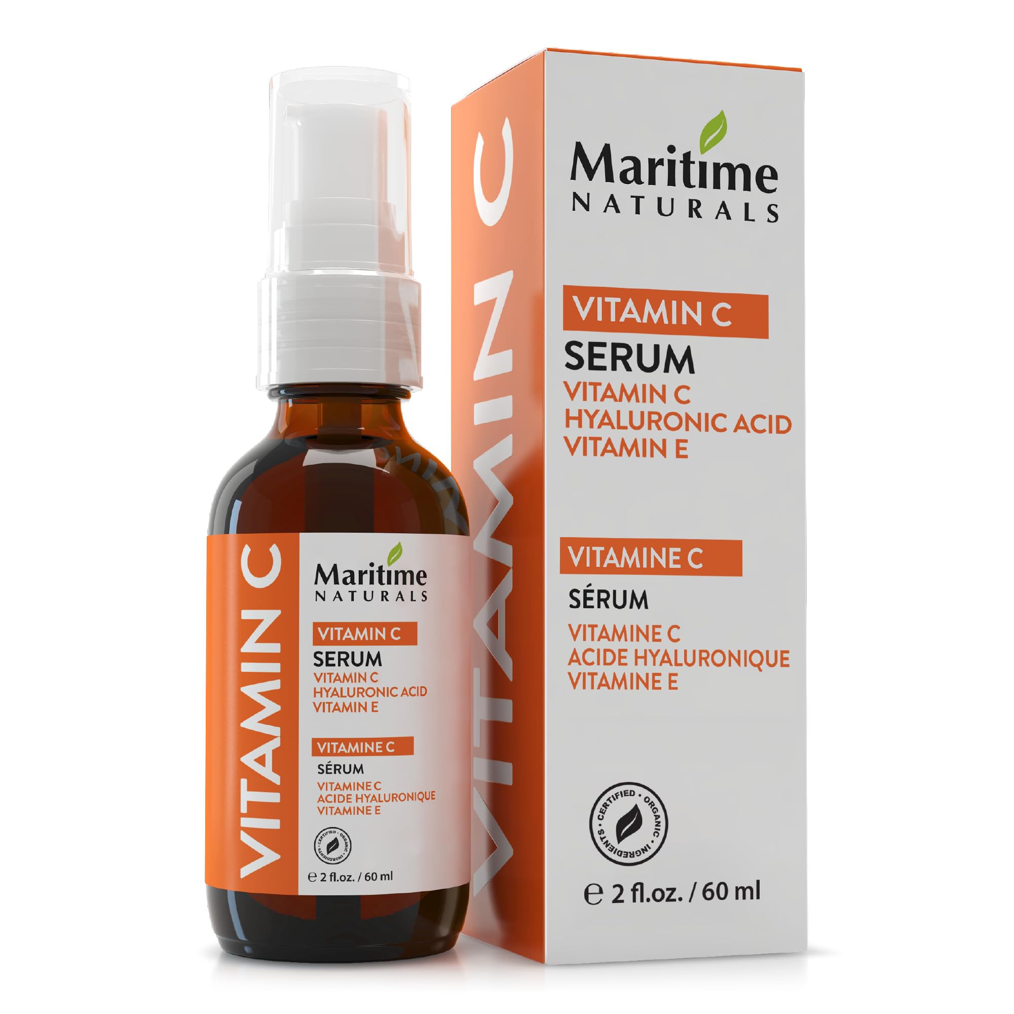 Maritime Naturals Vitamin C Serum with Hyaluronic Acid, Aloe & Vitamin E – Effective, Organic Face Care - 60 ml, Born in Nova Scotia, Canada