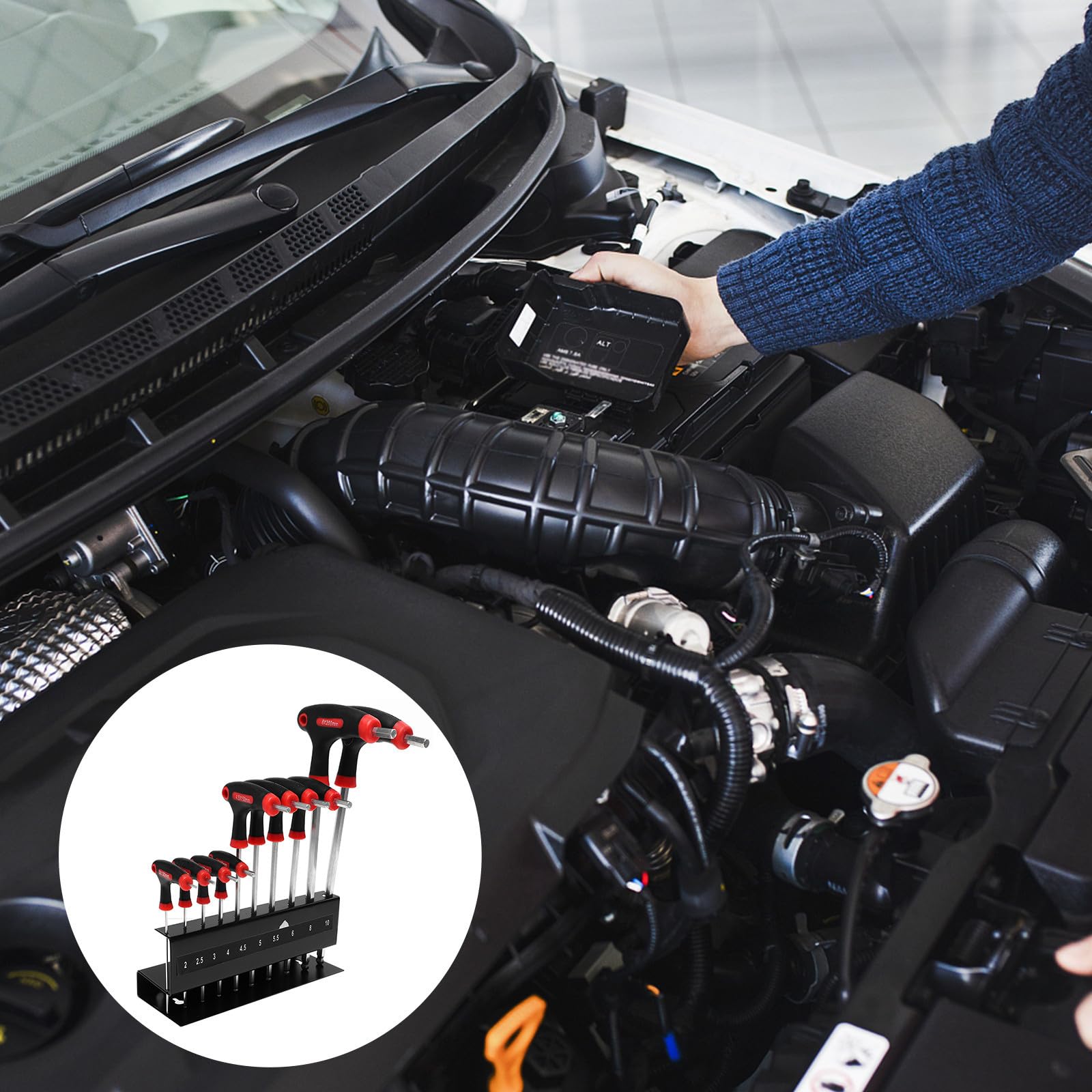 SHINEOFI Set di 10 Chiavi a Brugola con Impugnatura a T in Acciaio Cromo-vanadio con Supporto Pratico e Design Unico per Utensili di Officina ad Alta Durezza