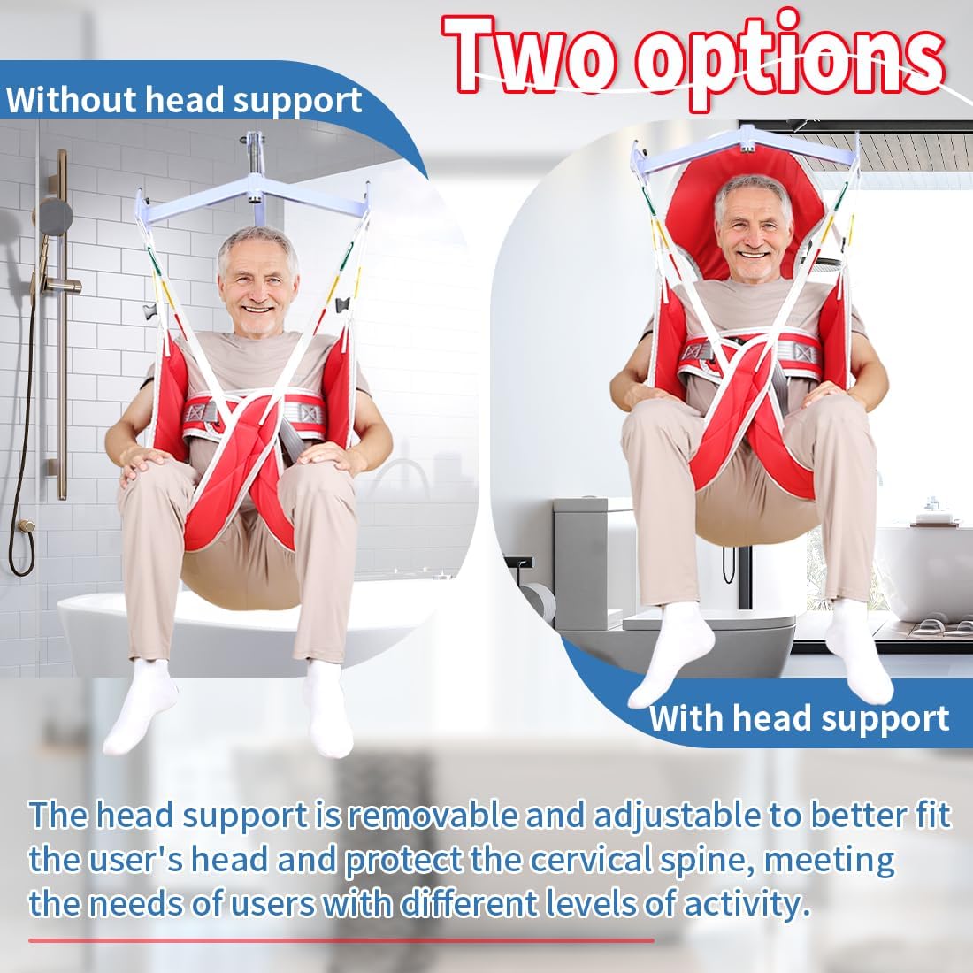 Divided Leg Patient Lift Sling with Head Support, Transfer & Toileting Sling with Safety Waist Belt, Easy Hygiene Access, Universal Compatibility, 500 lbs Capacity (Red, Medium)
