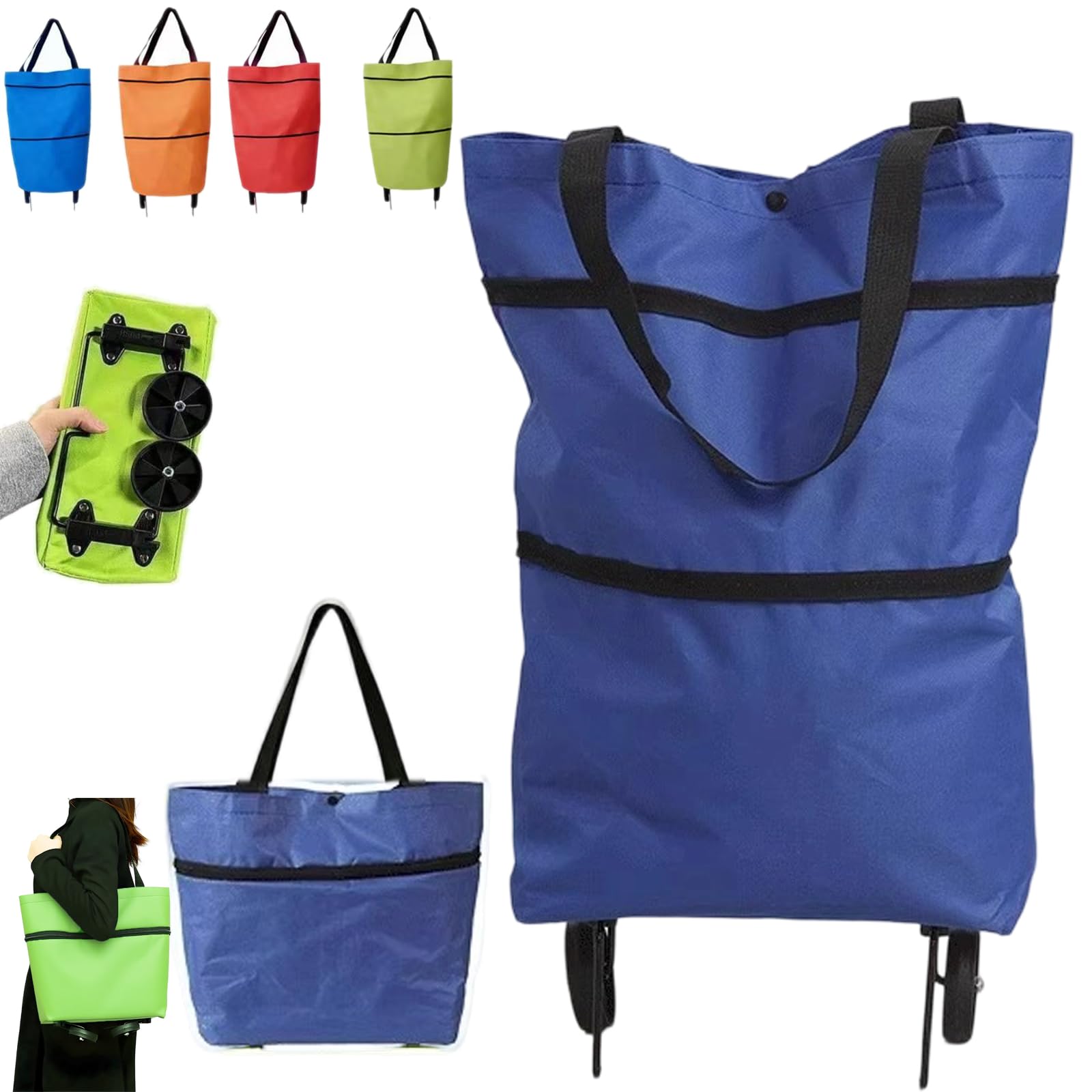 Foldable 2-in-1 Shopping Bag, 2 in 1 Lightweight Collapsible Shopping Cart, Folding Shopping Bag Cart, Wheels Reusable Shopping Bags Grocery Bags Shopping Travel Bag on Wheels 、Blue