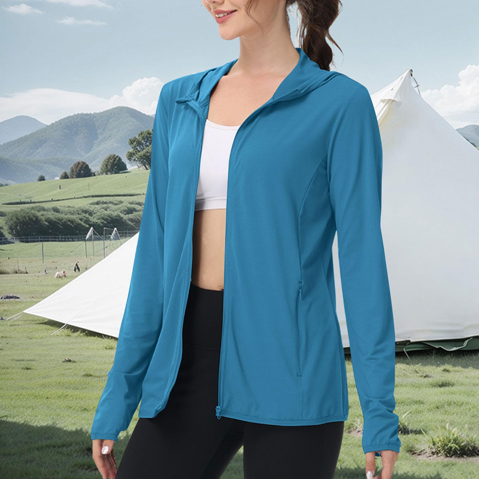 Sweat à capuche de protection solaire pour femme - Veste de course à pied légère UPF 50 à manches longues - Haut zippé - Pour le sport, le golf, l'été - Séchage rapide - Protection UV