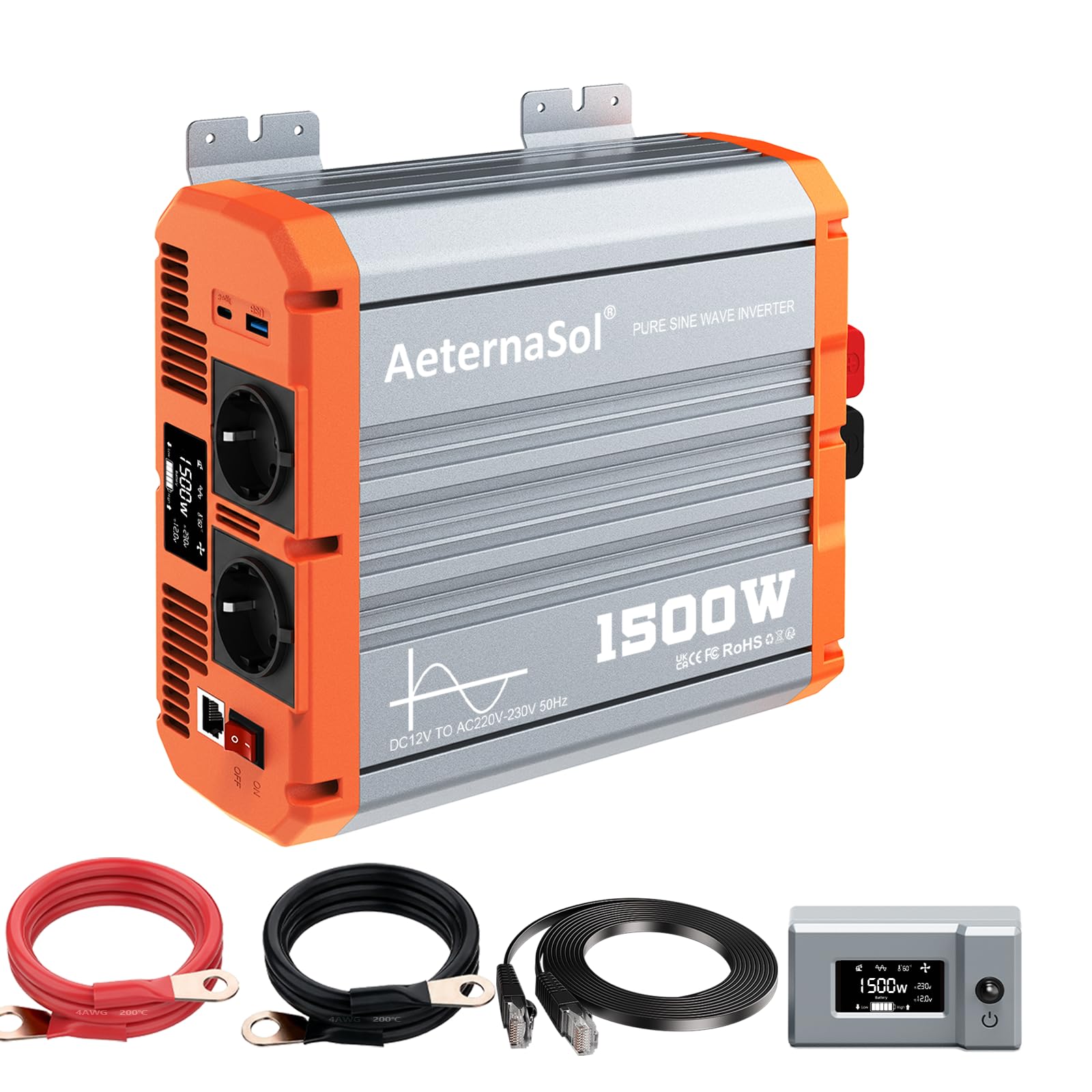 Inverter a onda sinusoidale pura da 1500W, da 12V CC a 230V AC, inverter per veicoli ricreativi con telecomando, invertitore di batteria solare per interruzioni di corrente, potenza di picco 3000W
