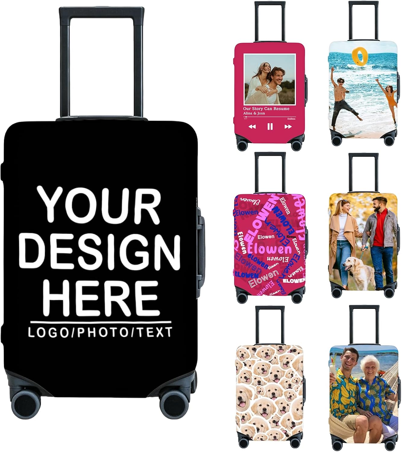 Custom Luggage Cover Personalized Travel Suitcase Cover with Photo, Name, Text or Logo, Double-Sided Printing, Stretchy Elastic Washable Baggage Protector for 18-32 Inch Luggage Gift